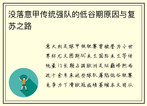 没落意甲传统强队的低谷期原因与复苏之路